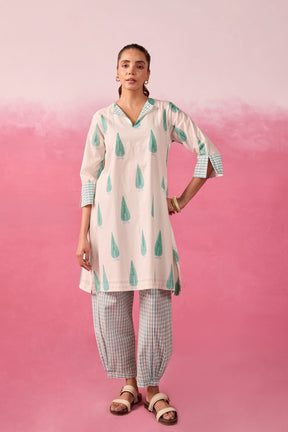 Mint Leaf & Check Hand Block Printed Co-ord Set