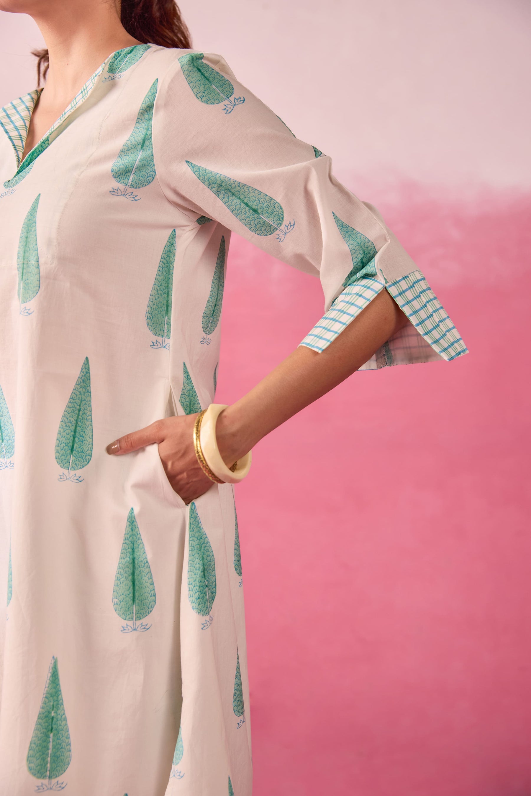 Mint Leaf & Check Hand Block Printed Co-ord Set