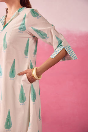 Mint Leaf & Check Hand Block Printed Co-ord Set