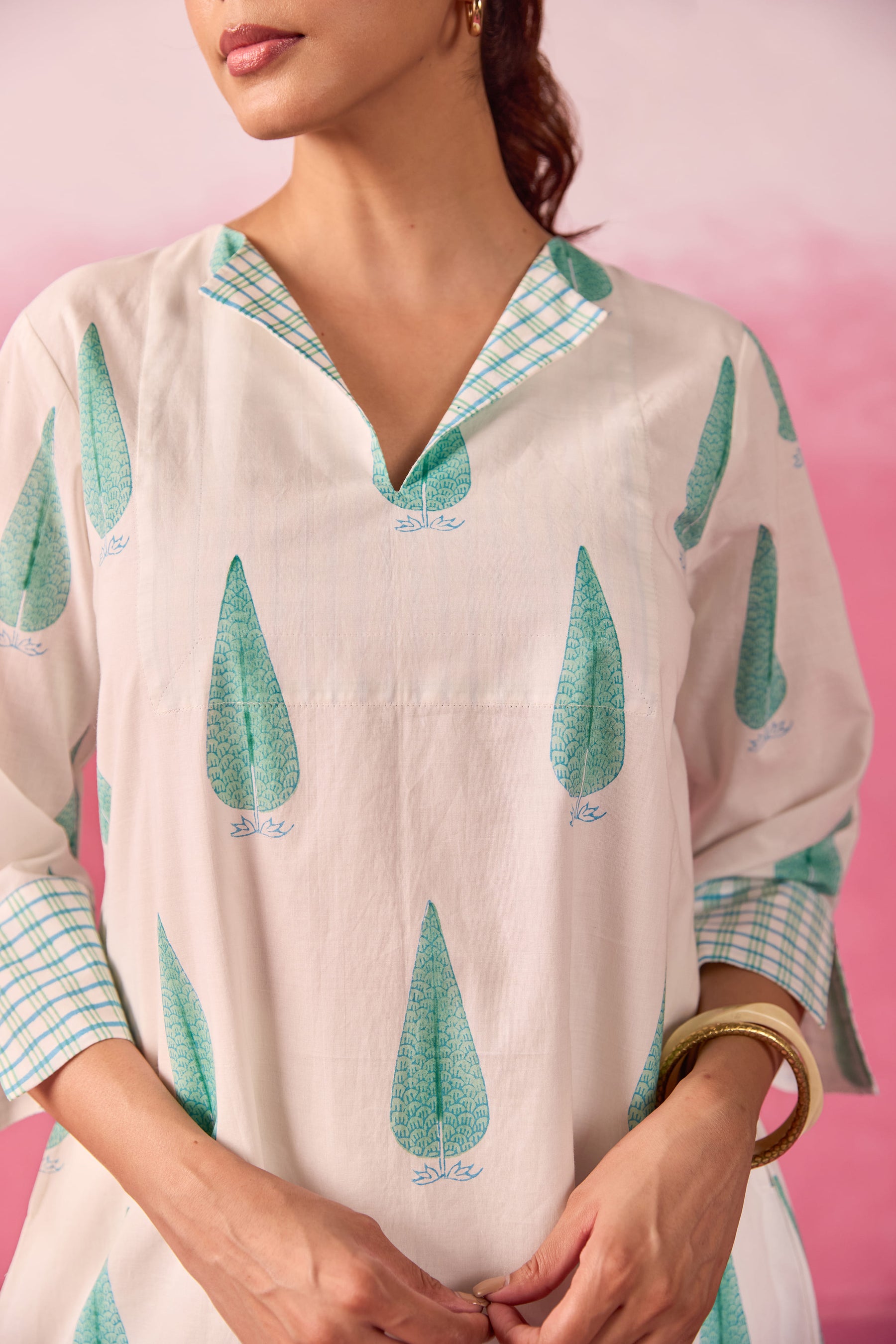 Mint Leaf & Check Hand Block Printed Co-ord Set
