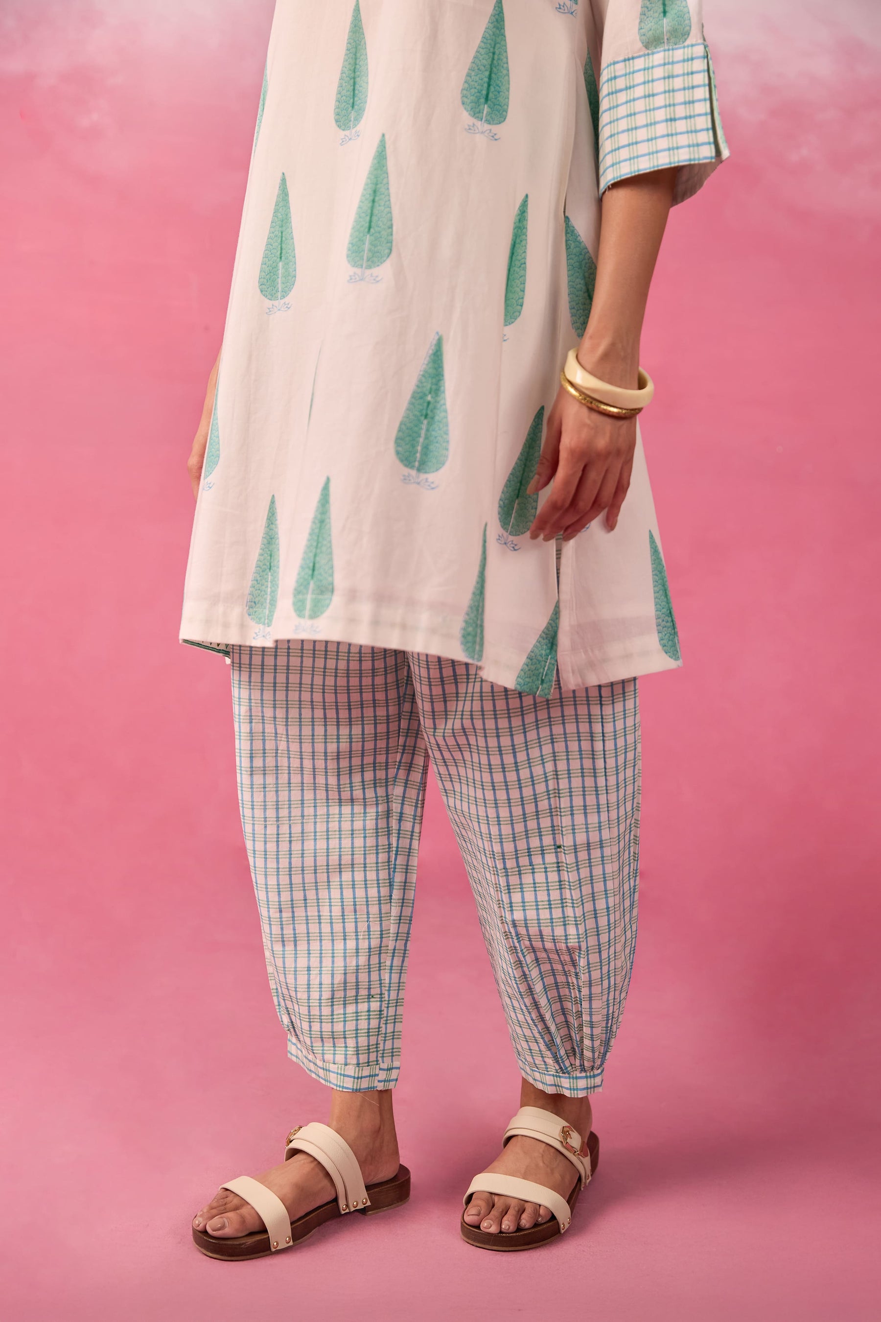 Mint Leaf & Check Hand Block Printed Co-ord Set