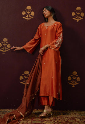 Vibrant Rust Elegance: Cut Dana Work Suit Set with Hand Embroidery and Lace Details"