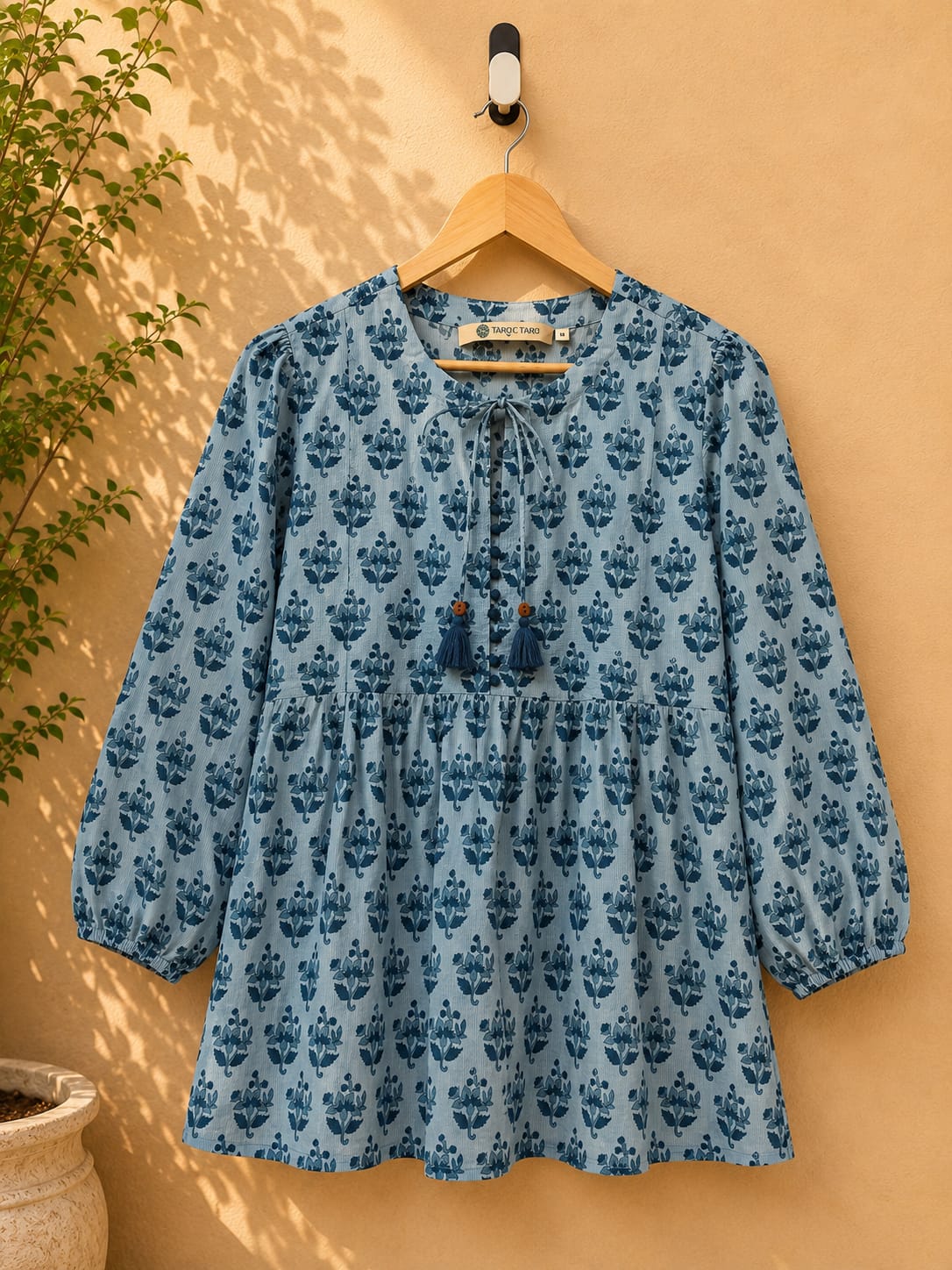 Blue Floral Booti Block Print Peplum Top