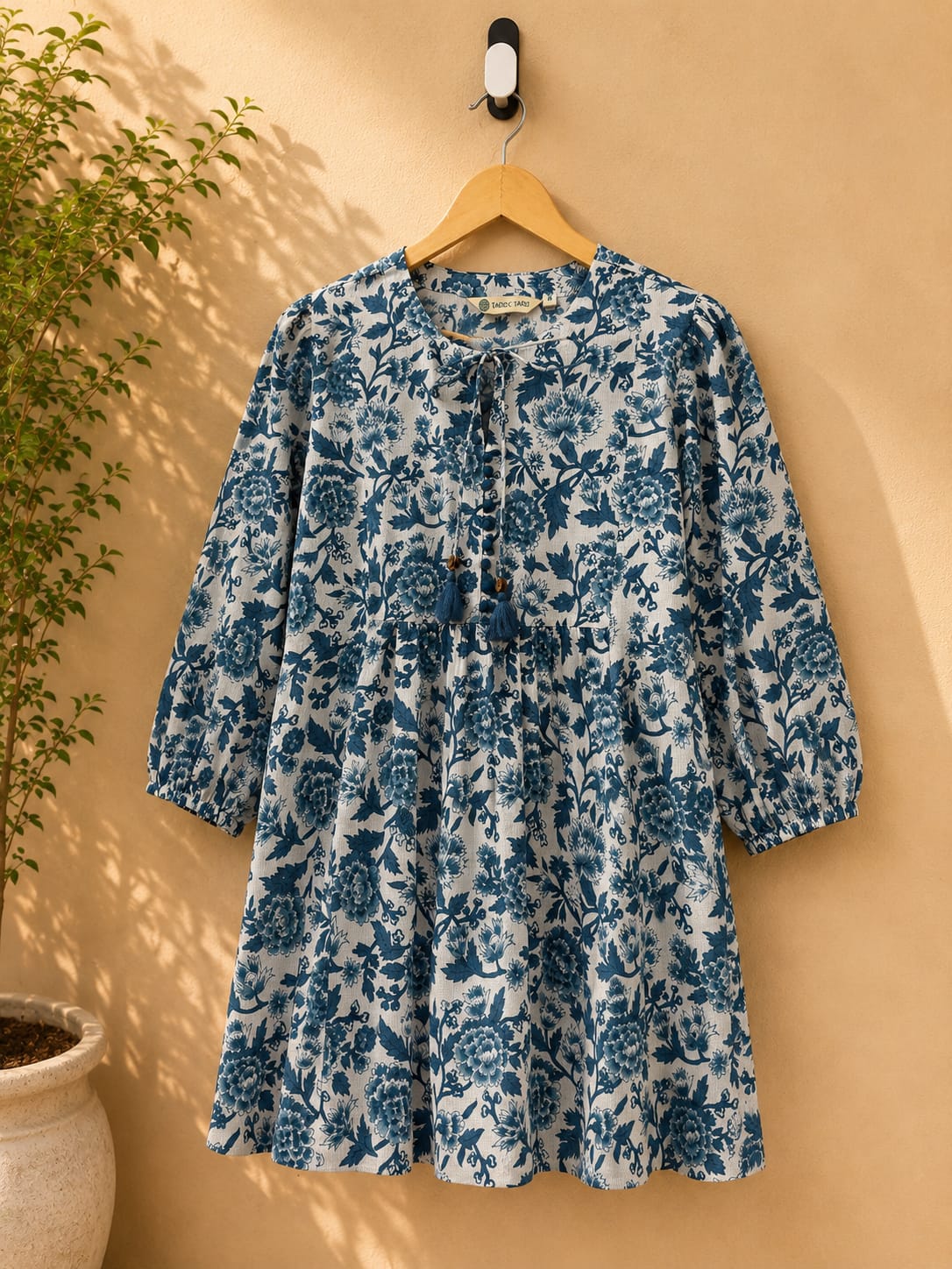 White & Teal Floral Block Print Peplum Top