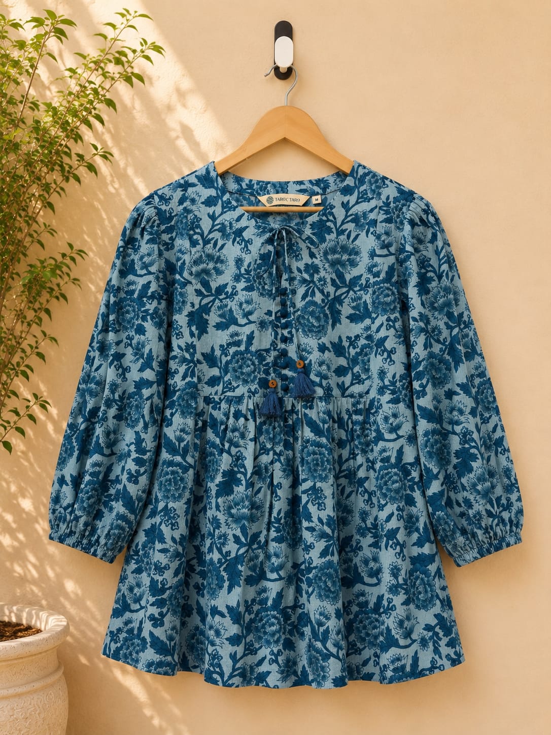 Steel Blue Floral Block Print Peplum Top