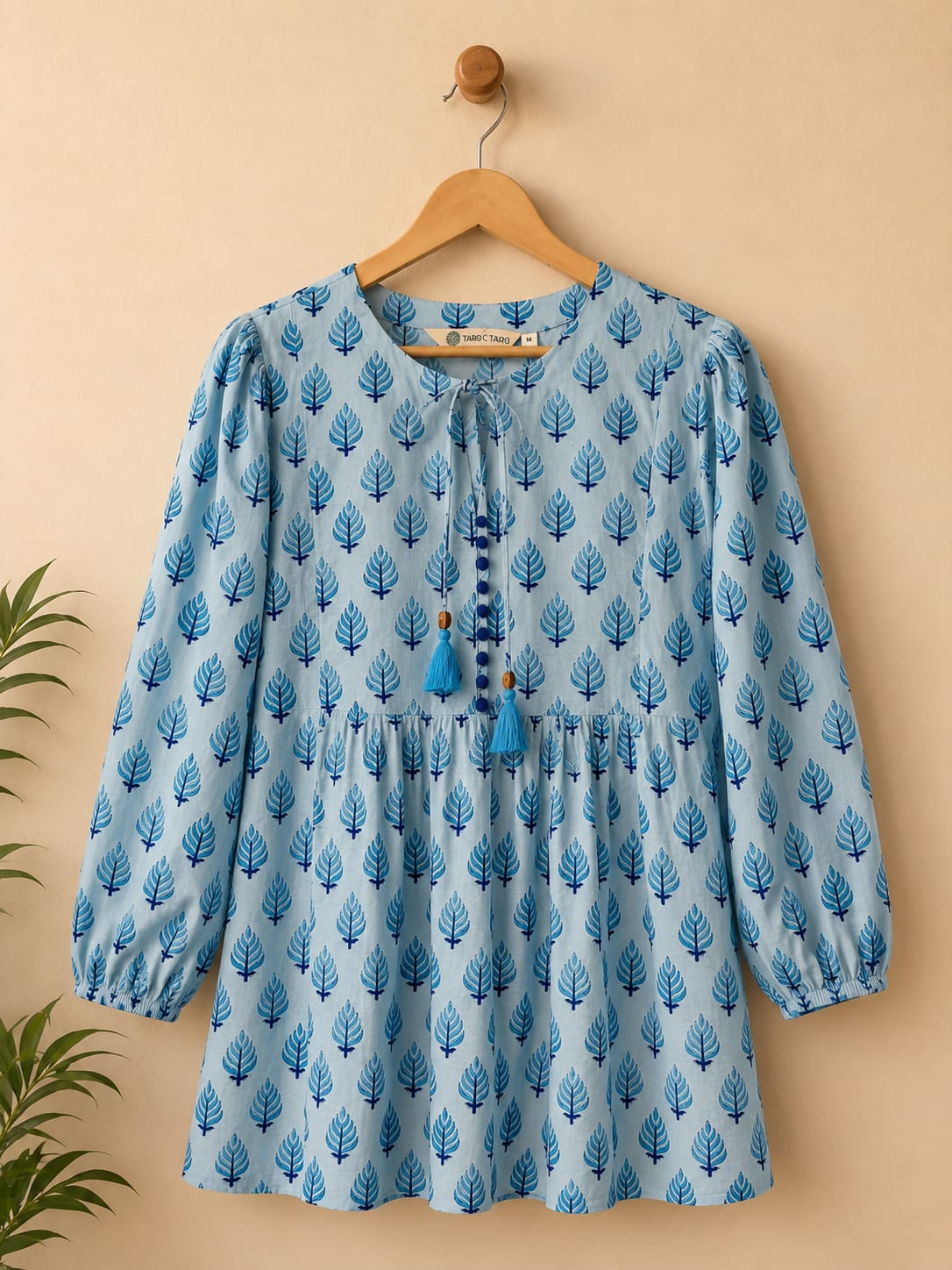 Sky Blue Leaf Booti Block Print Peplum Top