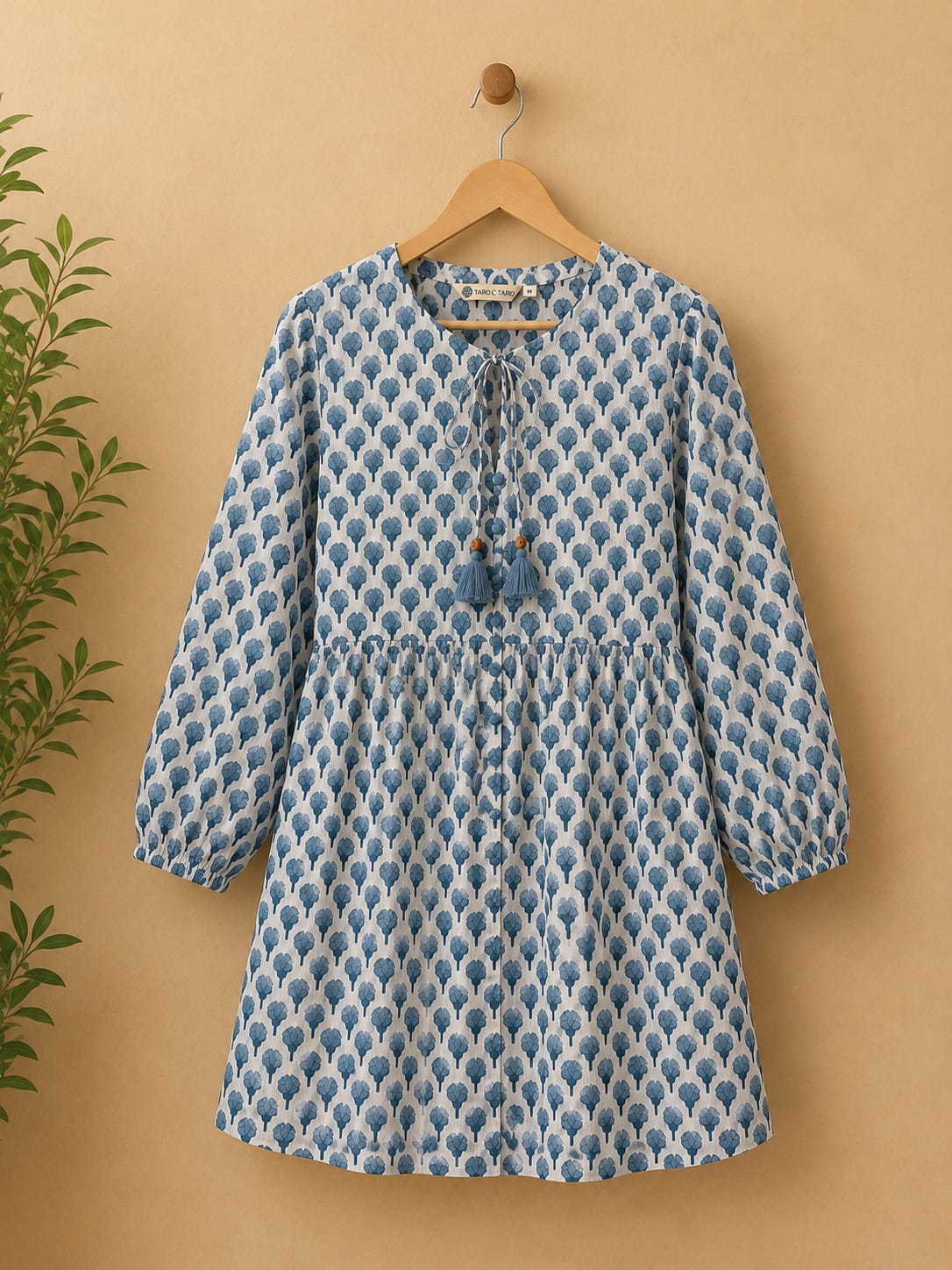 White & Blue Flower Motif Block Print Peplum Top
