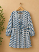 White & Blue Flower Motif Block Print Peplum Top