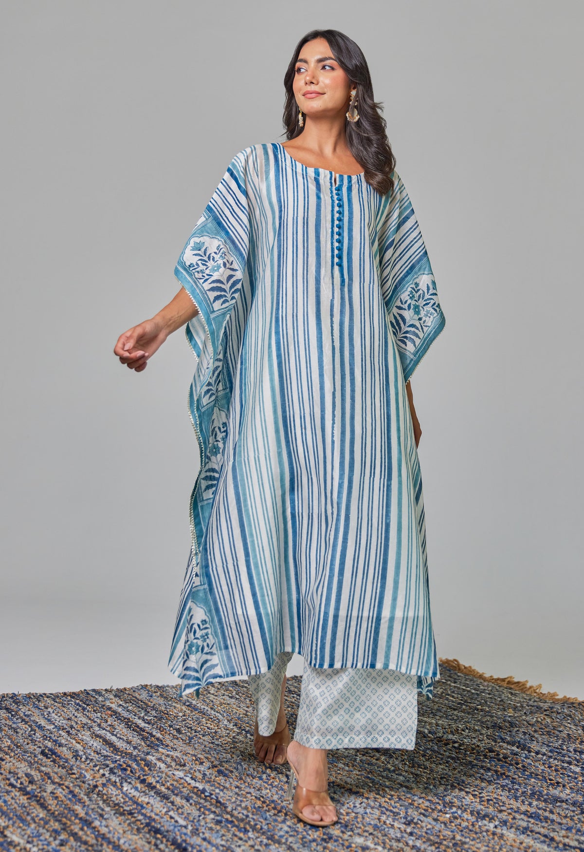 Elegance in Blue: Hand-Block Printed Off-White Chanderi Kaftan Set