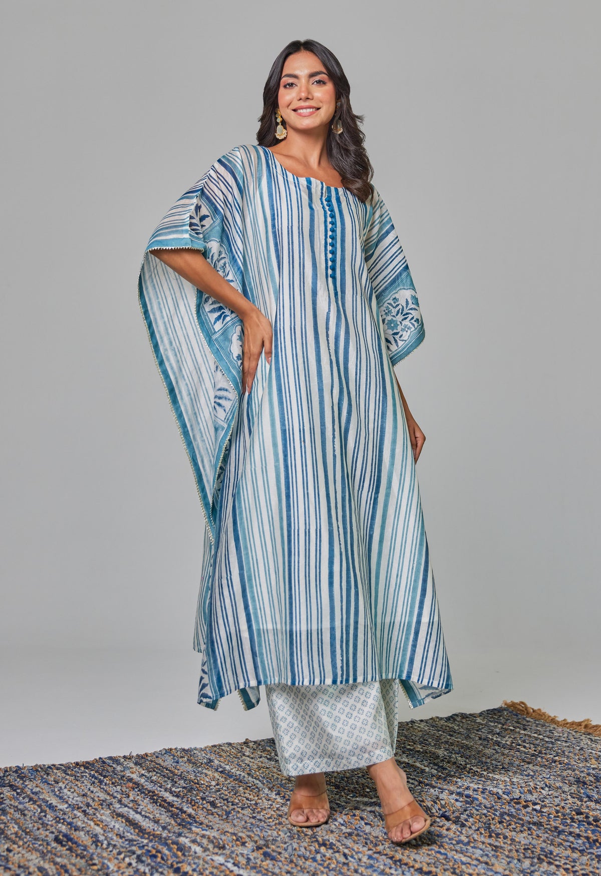 Elegance in Blue: Hand-Block Printed Off-White Chanderi Kaftan Set