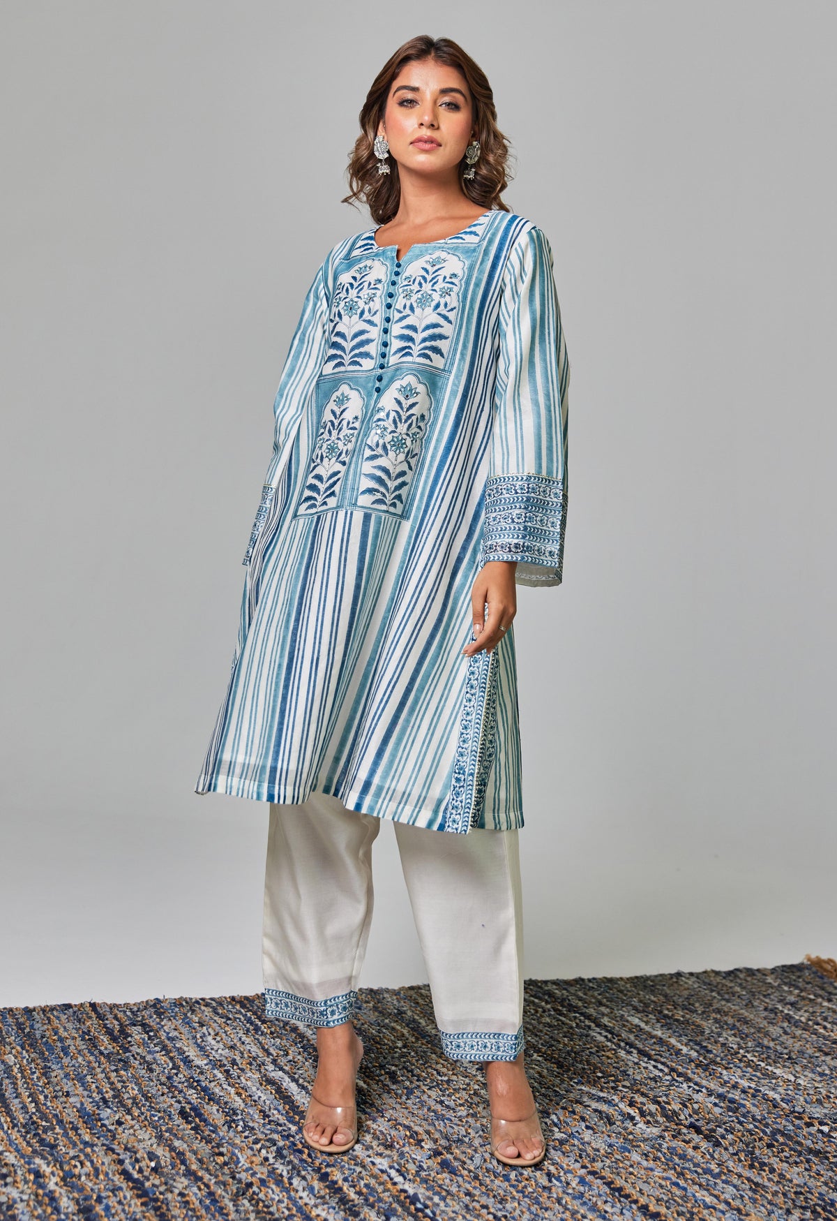 Classic Charm: Off-White Chanderi Set with Blue Hues