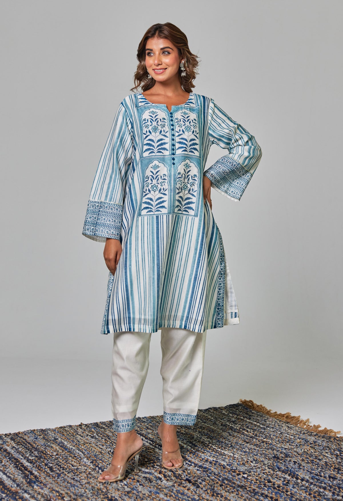 Classic Charm: Off-White Chanderi Set with Blue Hues