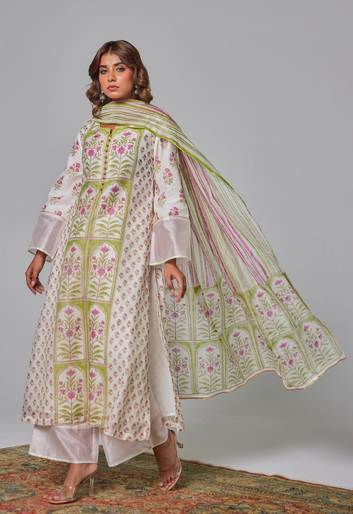 Elegant Blossoms: Hand Block Printed Off-White Chanderi Kurta Set