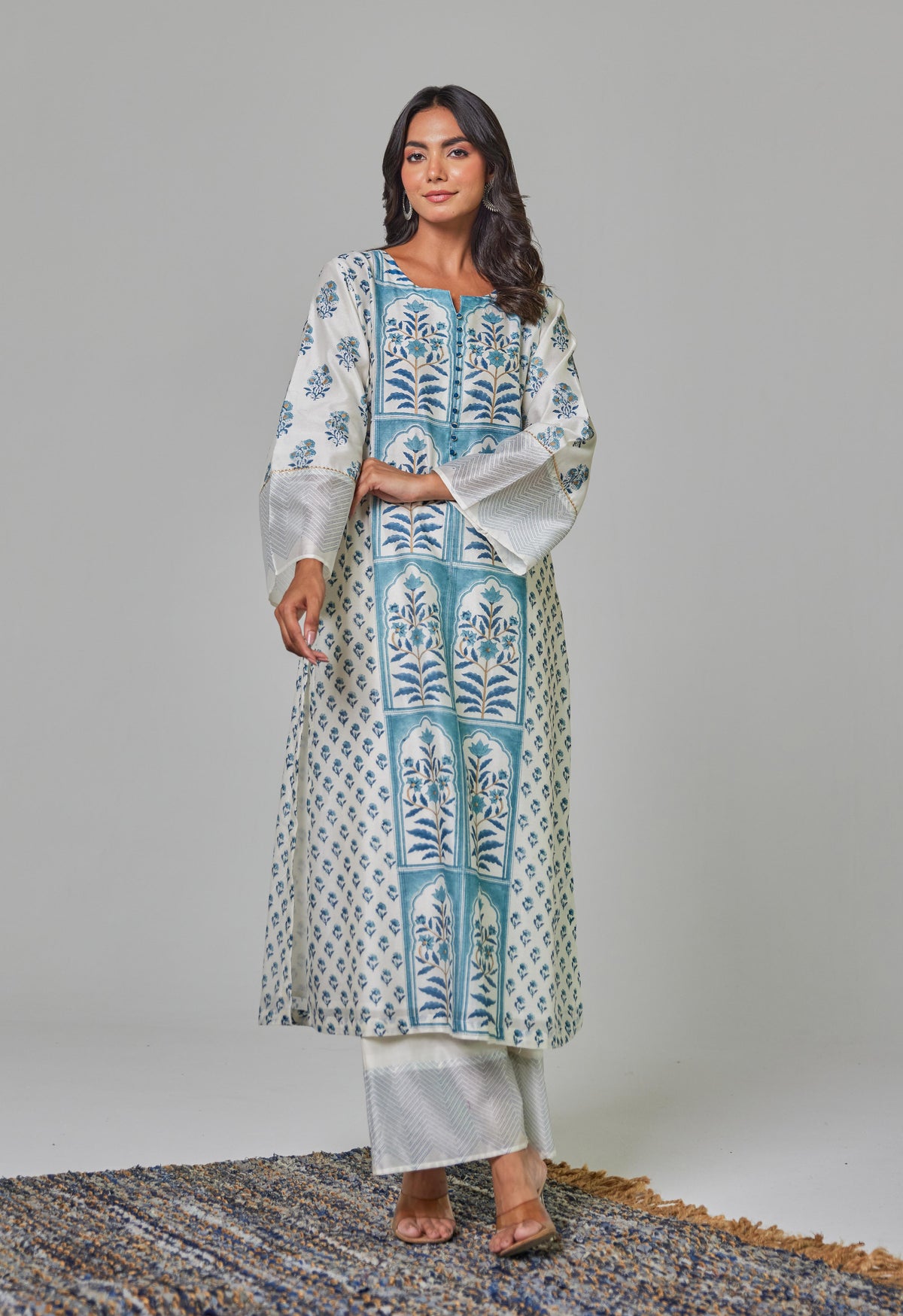 Elegant Serenity: Off-White Chanderi Kurta Set with Blue Block Print and Matching Dupatta