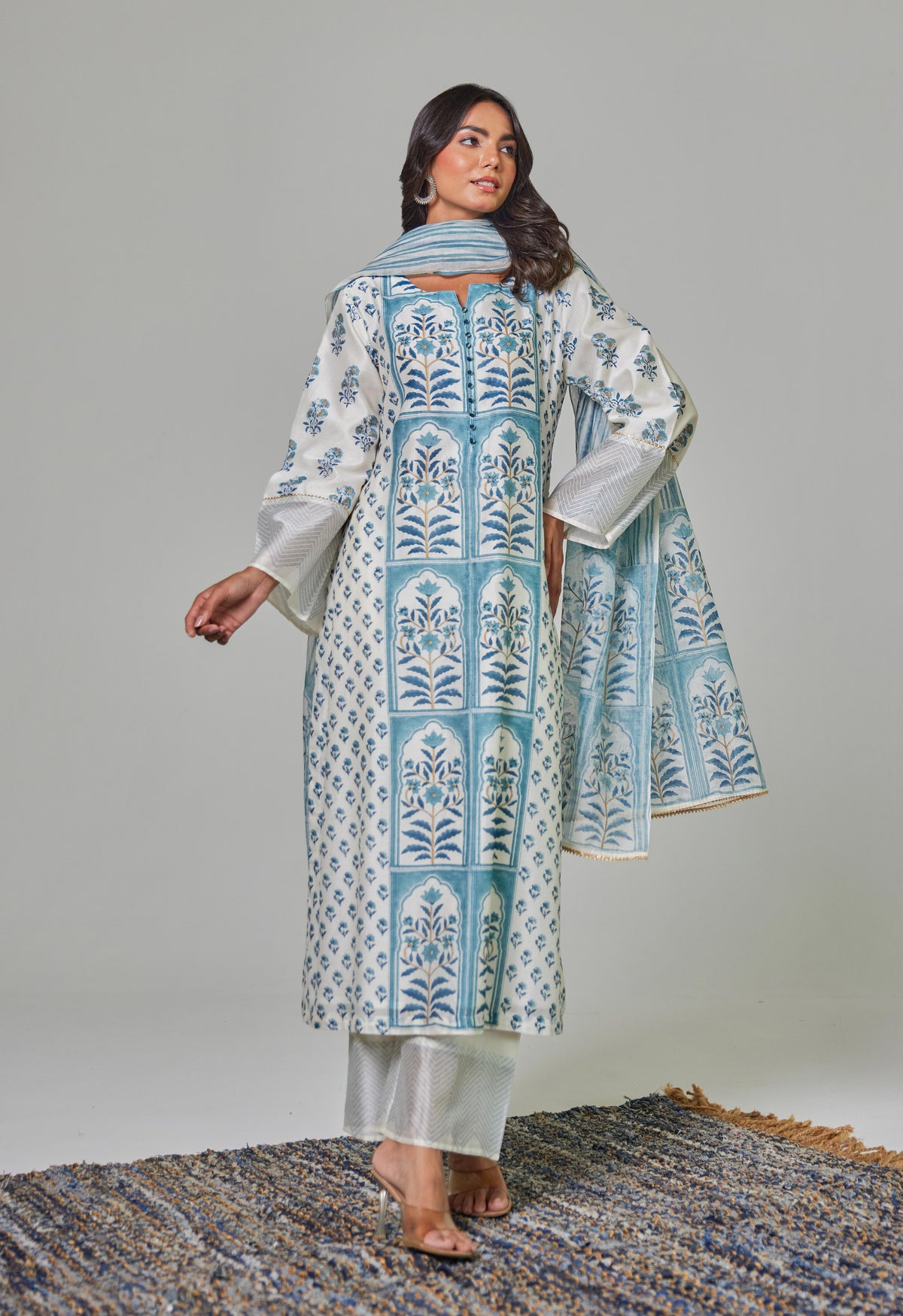 Elegant Serenity: Off-White Chanderi Kurta Set with Blue Block Print and Matching Dupatta