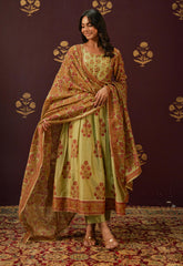 Olive Green Chanderi Hand Block Printed Suit Set With Dupatta