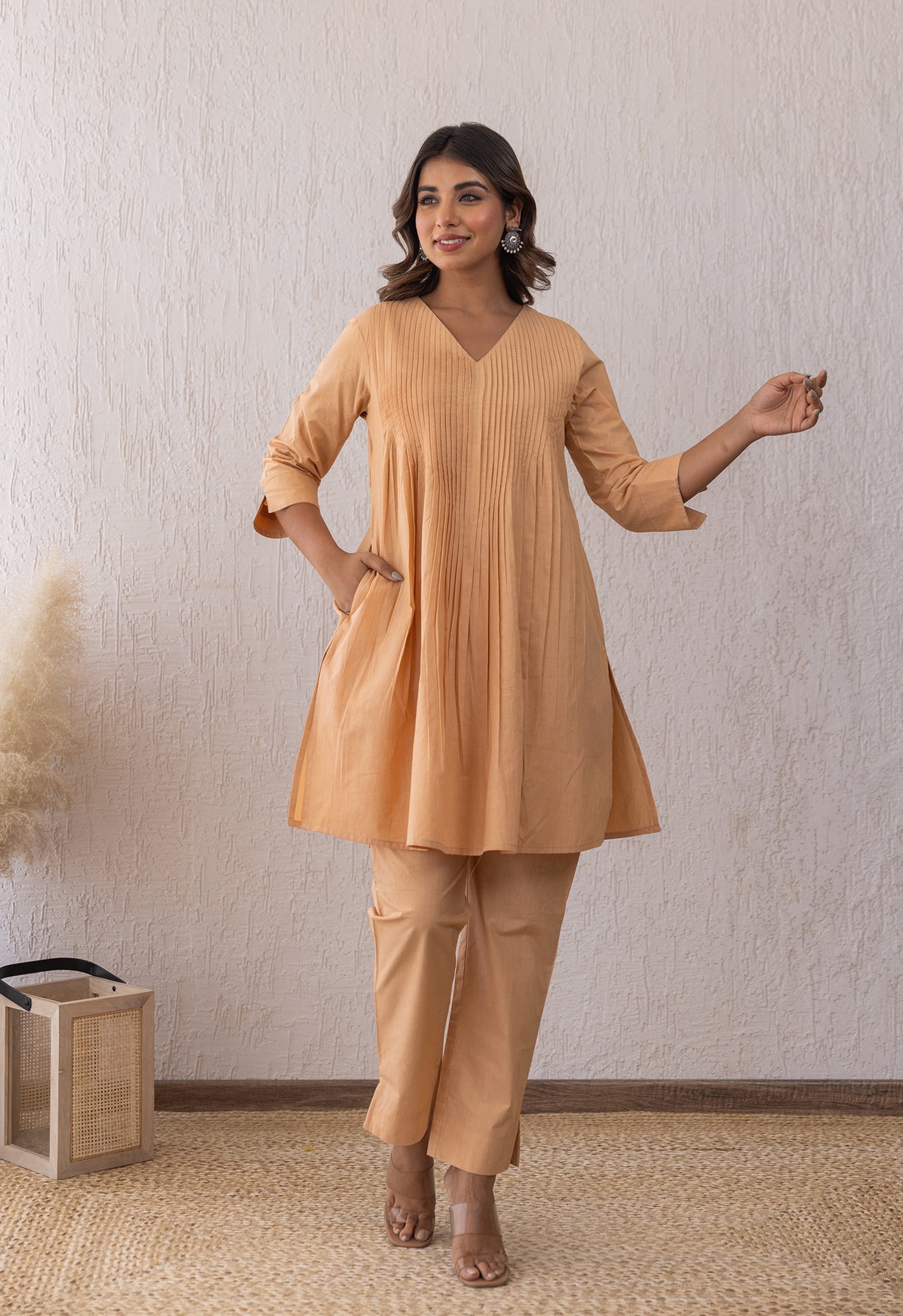 ALMOND CREAME SOLID PINTUCKS COORD SET - Tara - C - Tara