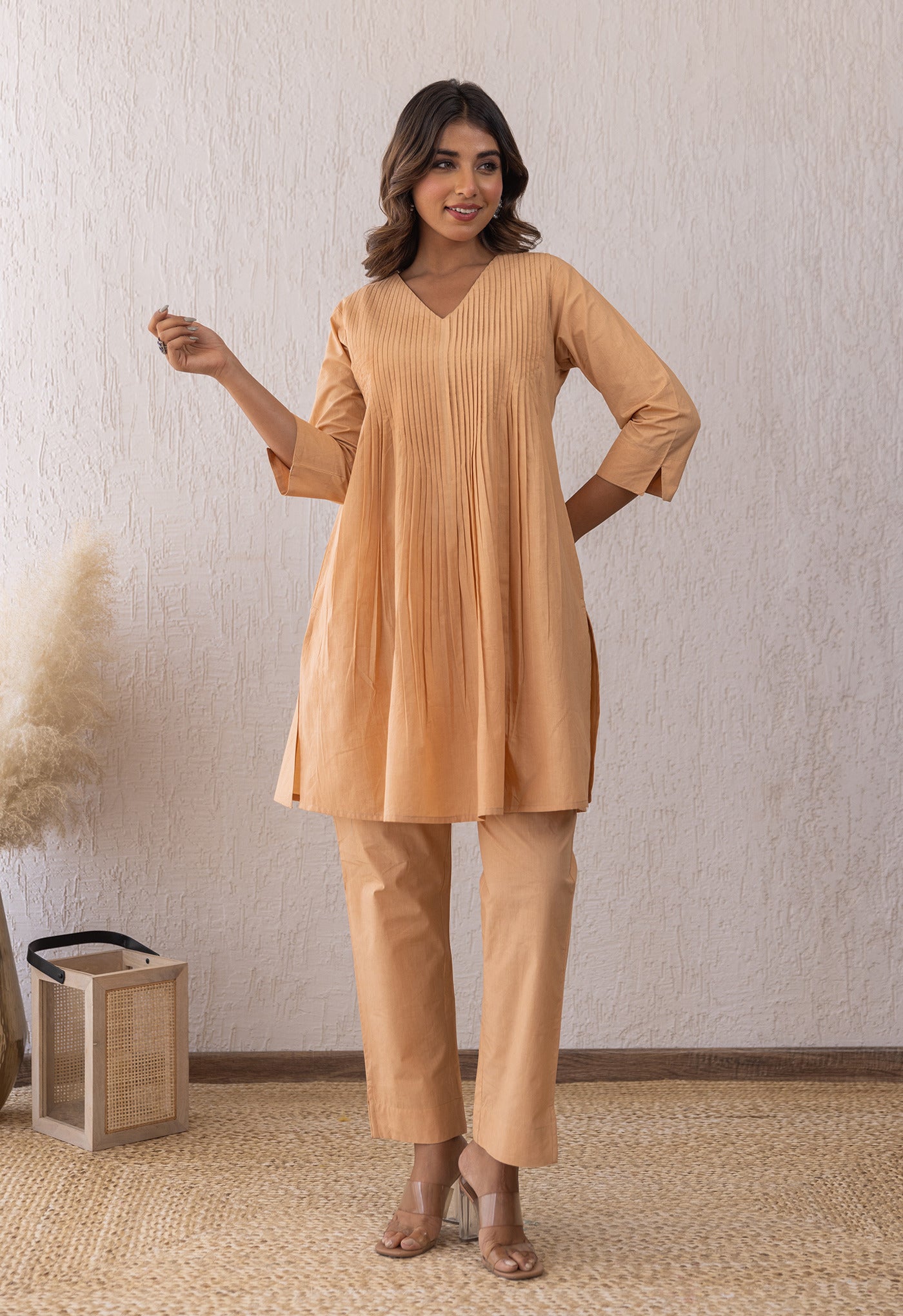 ALMOND CREAME SOLID PINTUCKS COORD SET - Tara - C - Tara