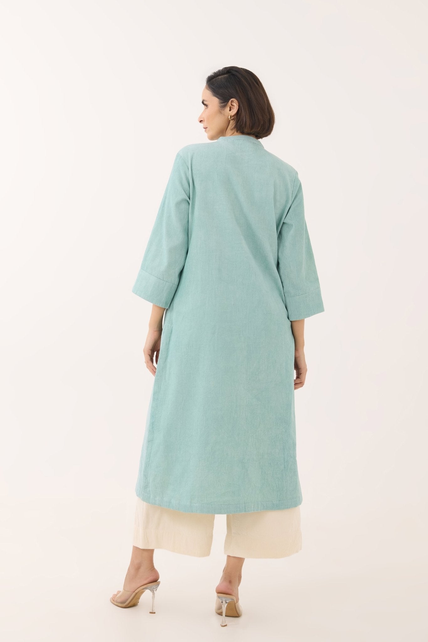 Aqua Blue Corduroy Long Kurta - Tara - C - Tara