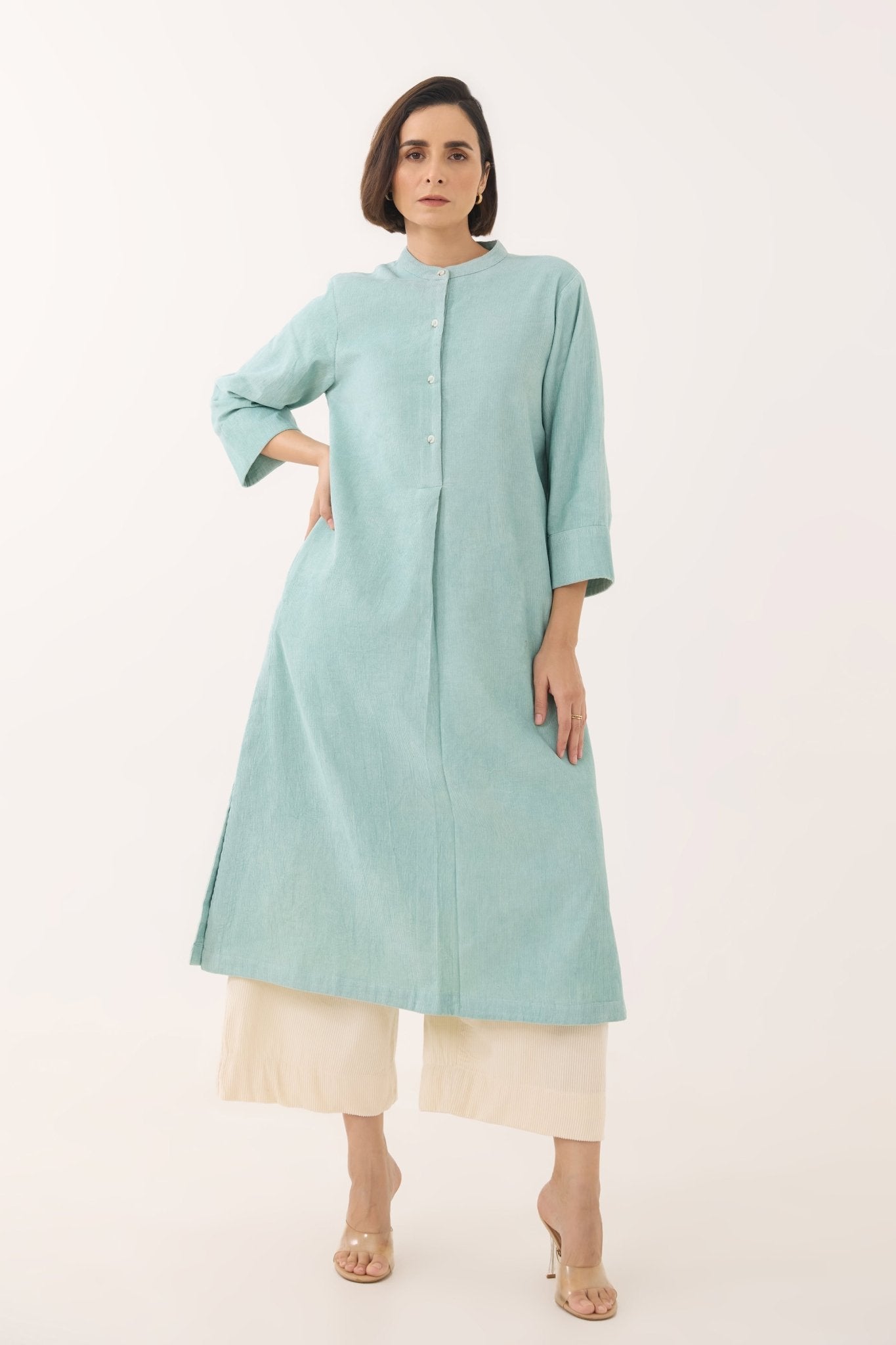 Aqua Blue Corduroy Long Kurta - Tara - C - Tara