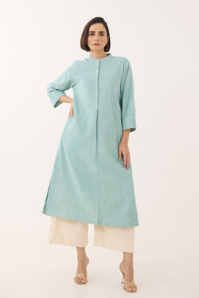 Aqua Blue Corduroy Long Kurta - Tara - C - Tara