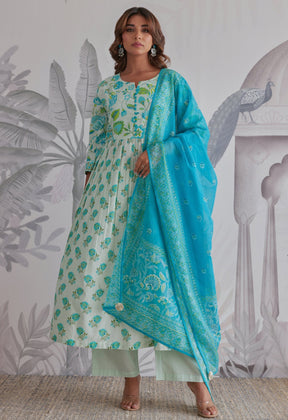 Aqua Blue Floral Printed Anarkali Suit Set - Tara - C - Tara