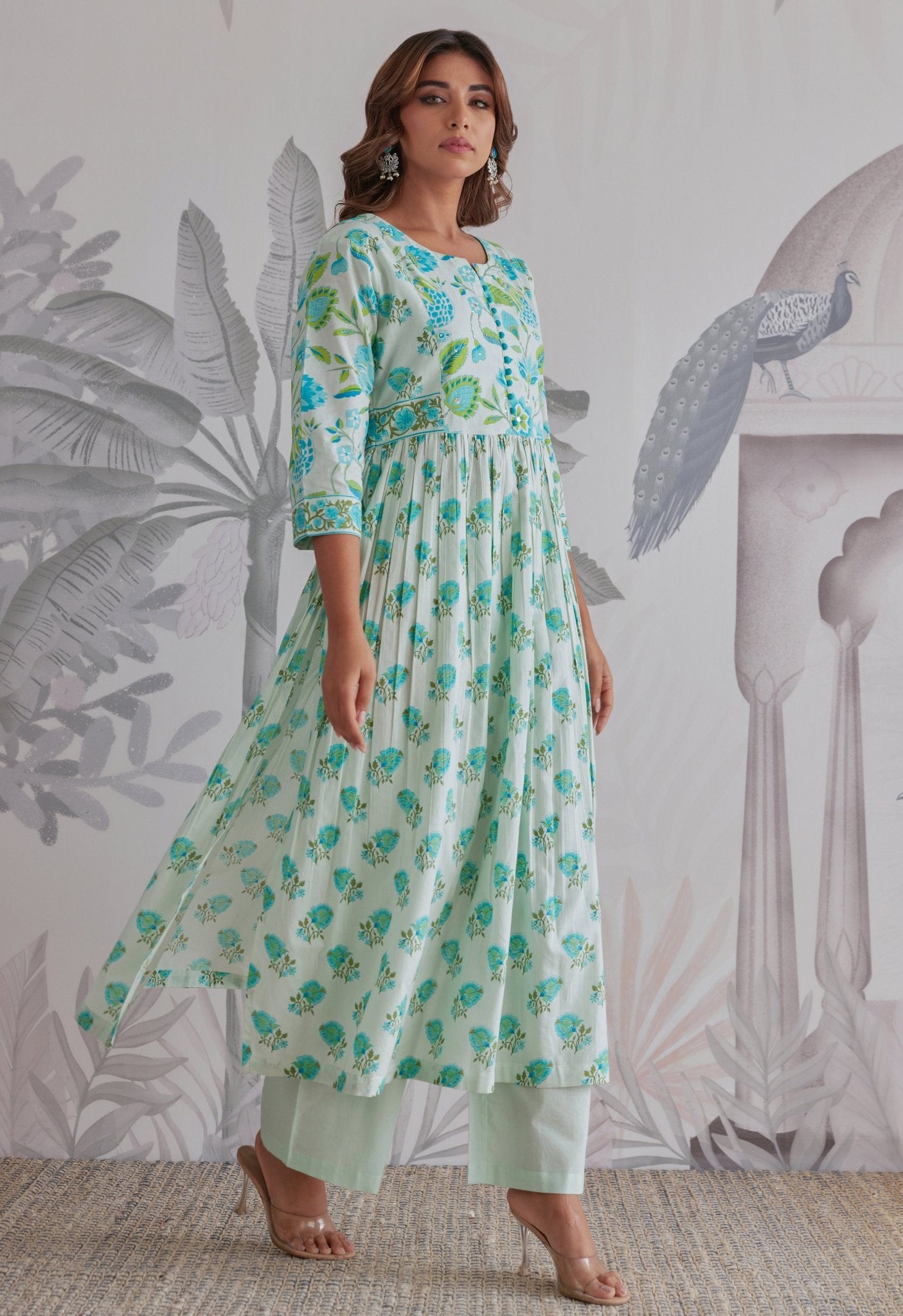 Aqua Blue Floral Printed Anarkali Suit Set - Tara - C - Tara