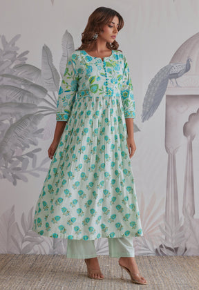 Aqua Blue Floral Printed Anarkali Suit Set - Tara - C - Tara