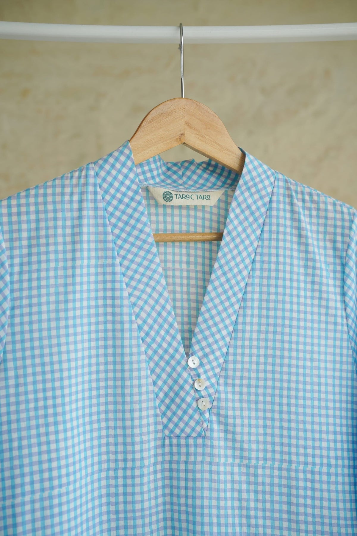 Aqua Blue Gingham Check Cotton Hand Block Printed Kurta - Tara-C-Tara