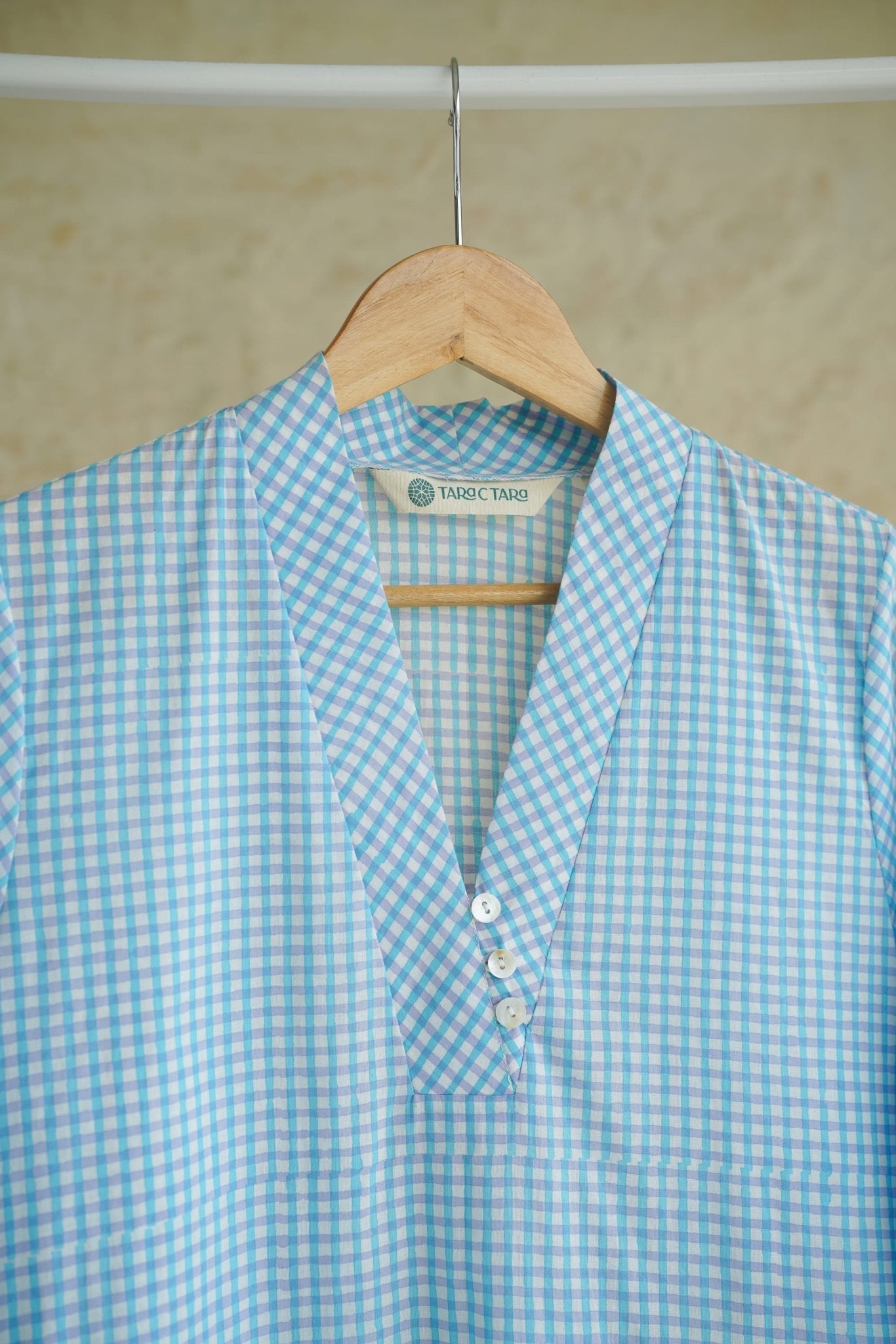 Aqua Blue Gingham Check Cotton Hand Block Printed Kurta - Tara-C-Tara
