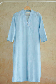 Aqua Blue Gingham Check Cotton Hand Block Printed Kurta