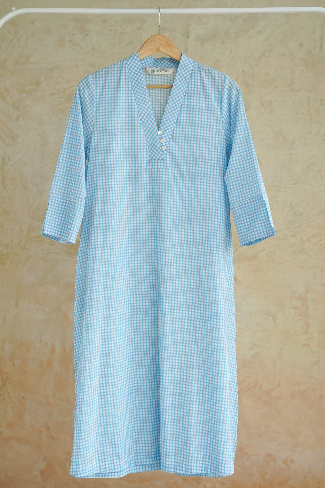 Aqua Blue Gingham Check Cotton Hand Block Printed Kurta - Tara-C-Tara