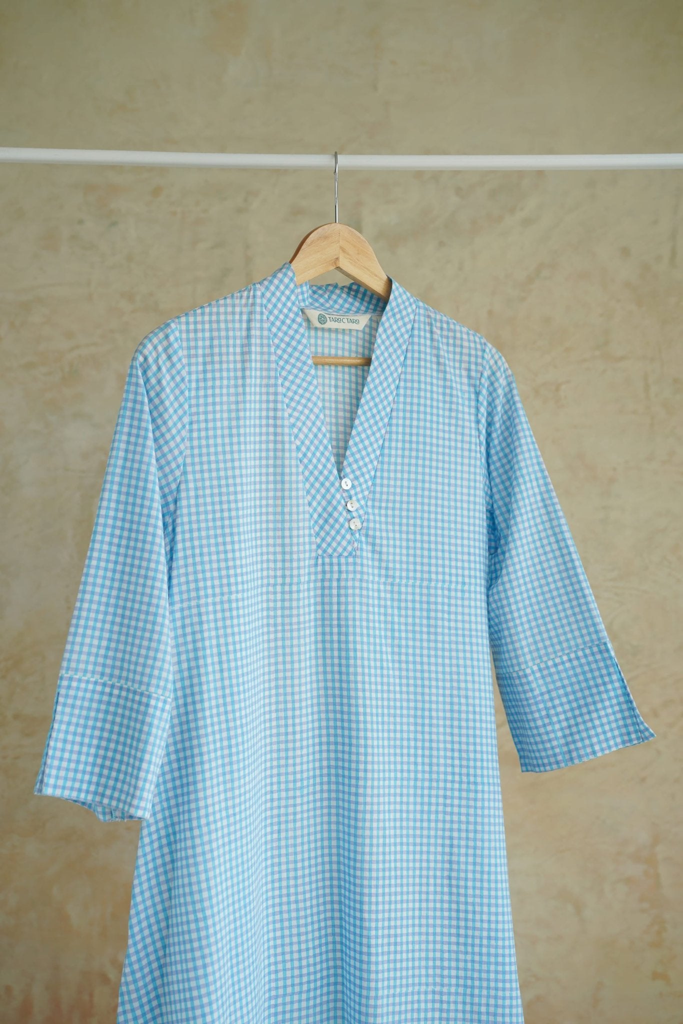 Aqua Blue Gingham Check Cotton Hand Block Printed Kurta - Tara-C-Tara