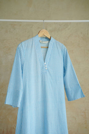 Aqua Blue Gingham Check Cotton Hand Block Printed Kurta - Tara-C-Tara