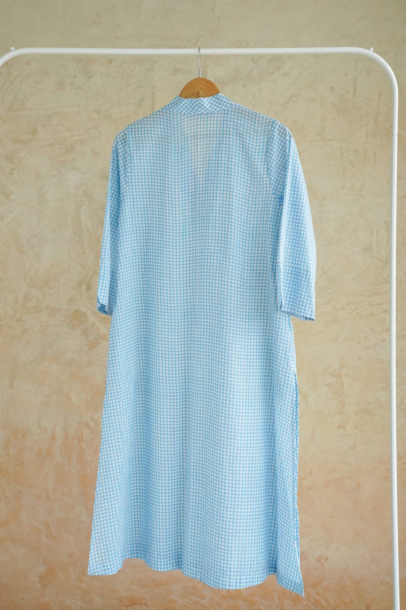Aqua Blue Gingham Check Cotton Hand Block Printed Kurta - Tara-C-Tara