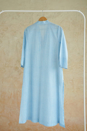 Aqua Blue Gingham Check Cotton Hand Block Printed Kurta - Tara-C-Tara