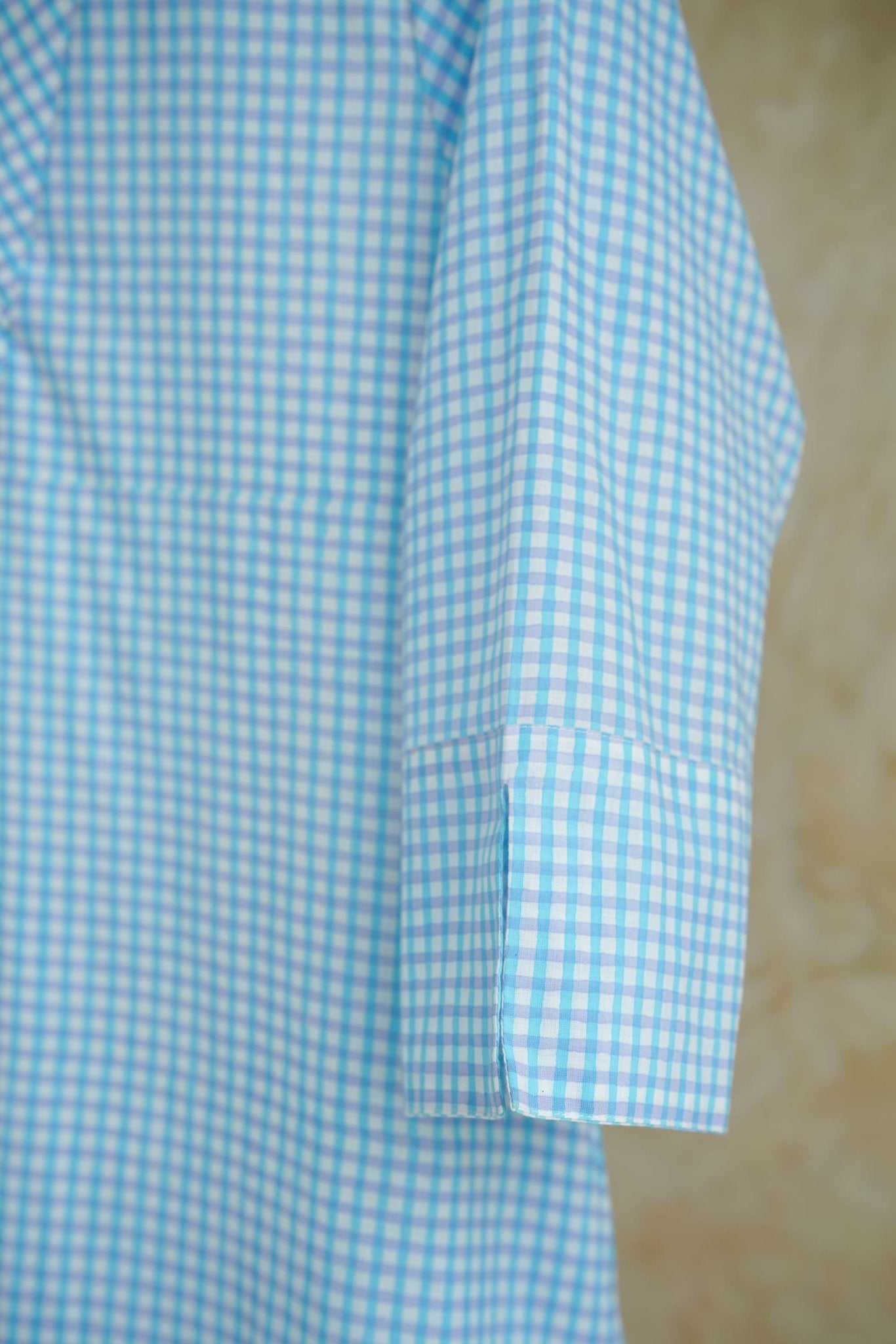 Aqua Blue Gingham Check Cotton Hand Block Printed Kurta - Tara-C-Tara