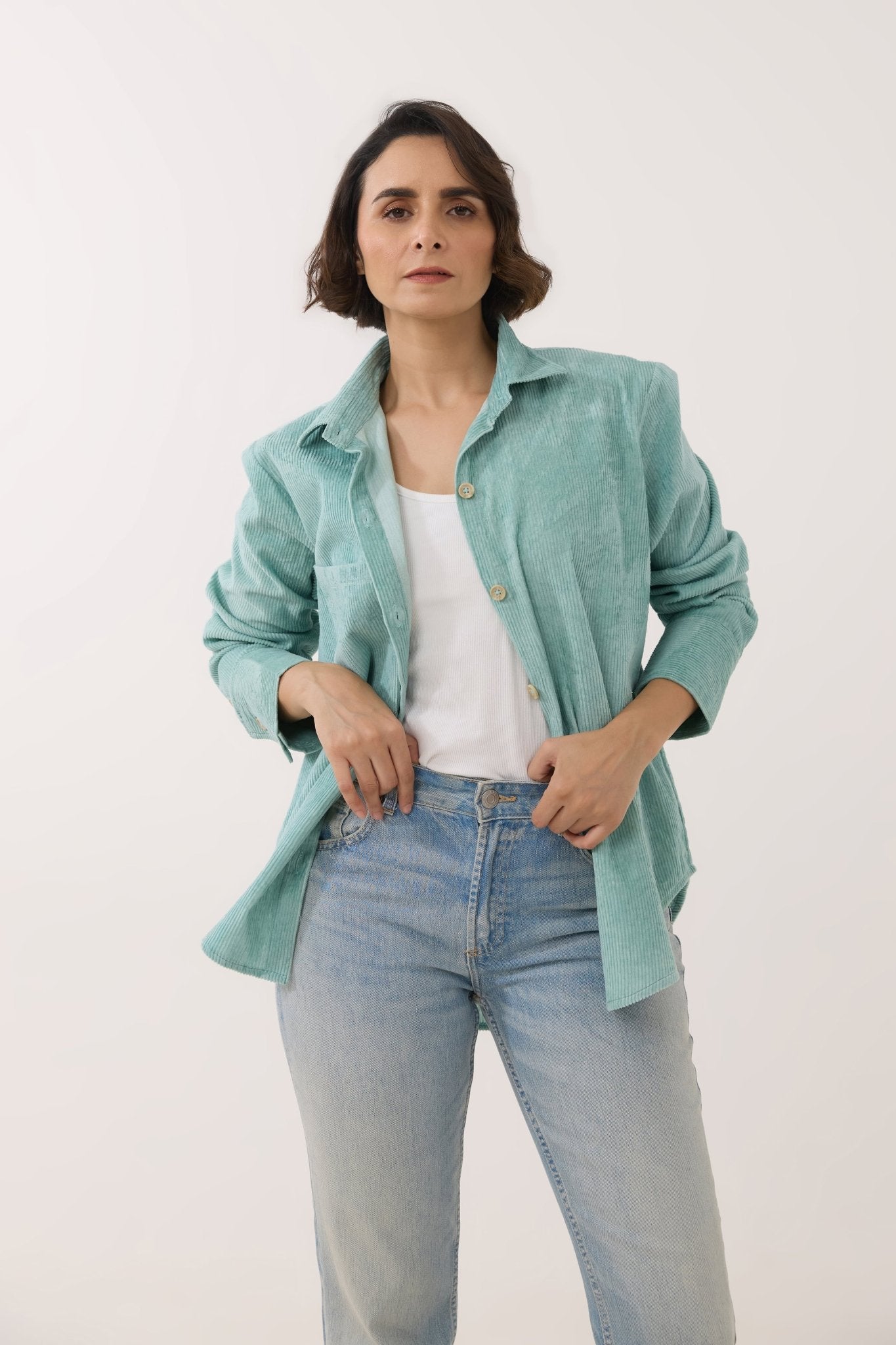 Aqua Blue Oversized Corduroy Shirt - Tara - C - Tara