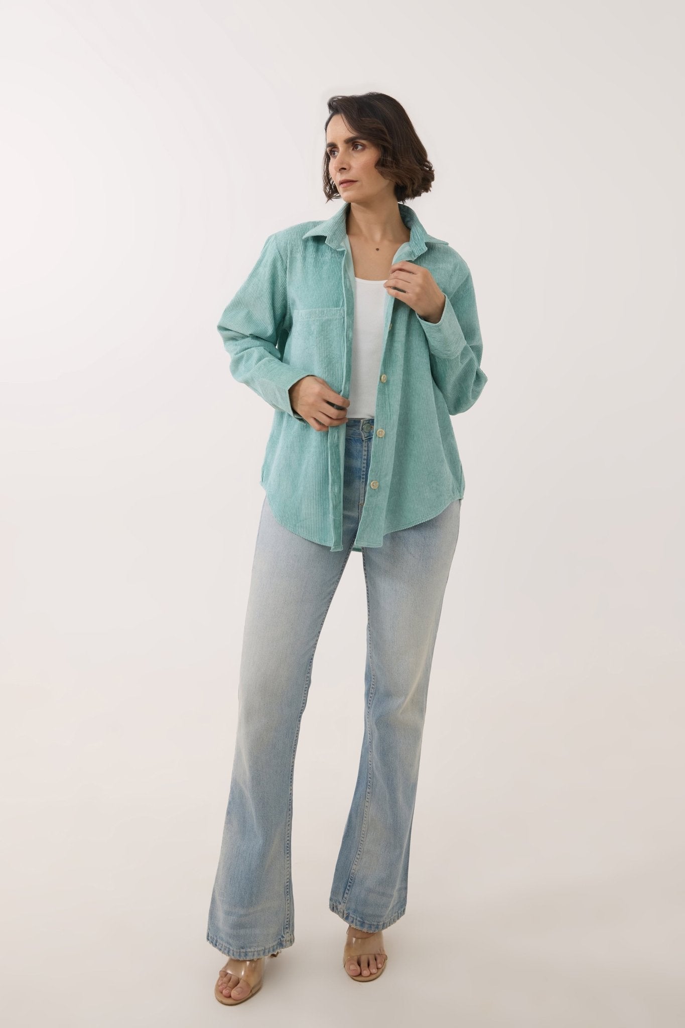 Aqua Blue Oversized Corduroy Shirt - Tara - C - Tara