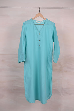 Aqua Blue Pleated Solid Kurta - Tara - C - Tara