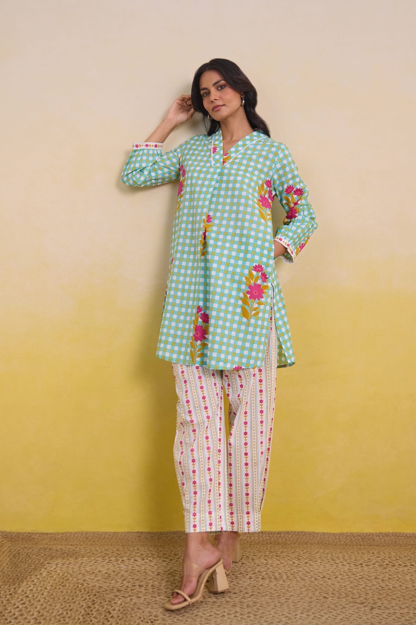 Aqua Gingham Blossom Co - ord Set - Tara - C - Tara