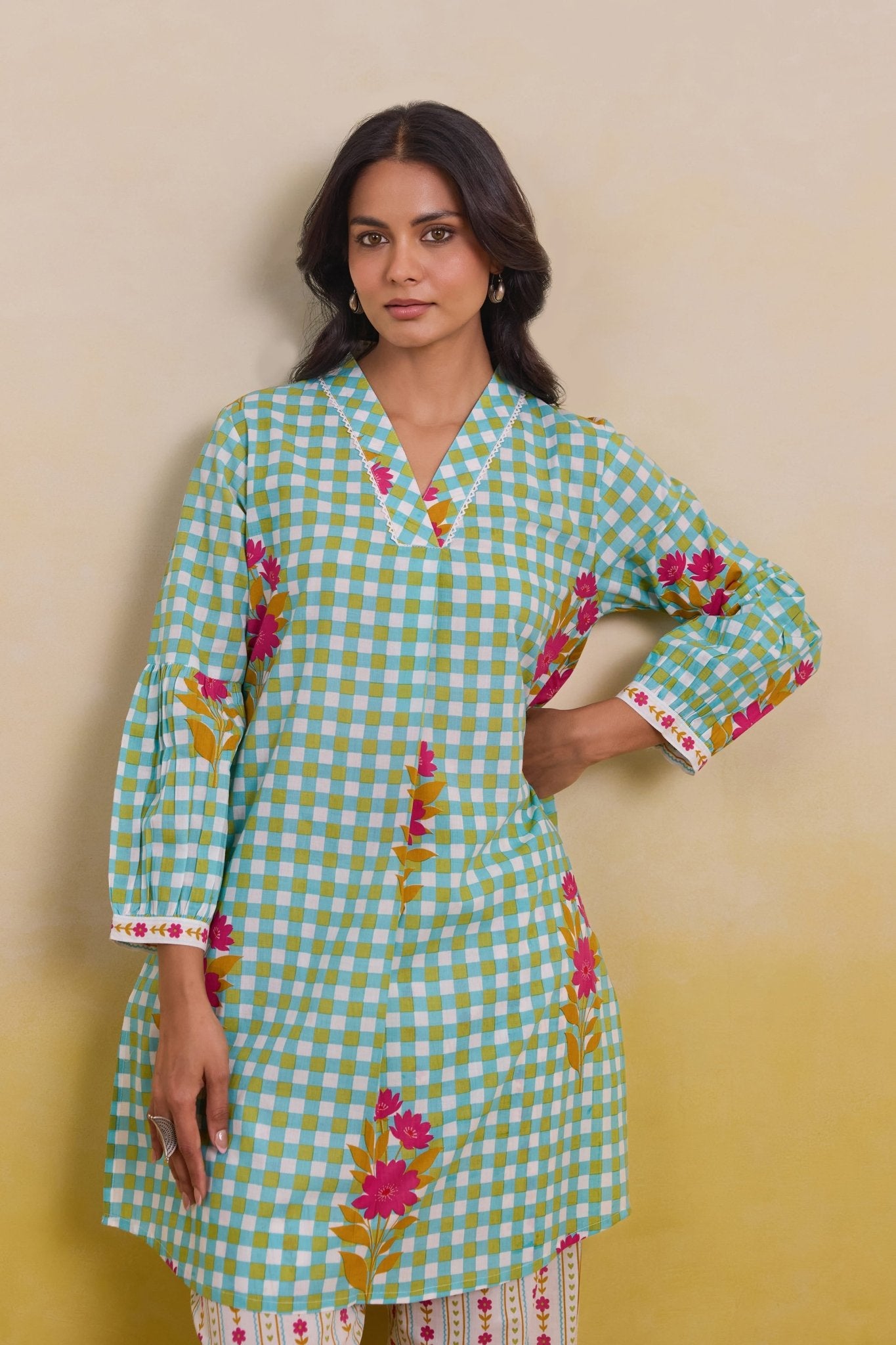 Aqua Gingham Blossom Co - ord Set - Tara - C - Tara