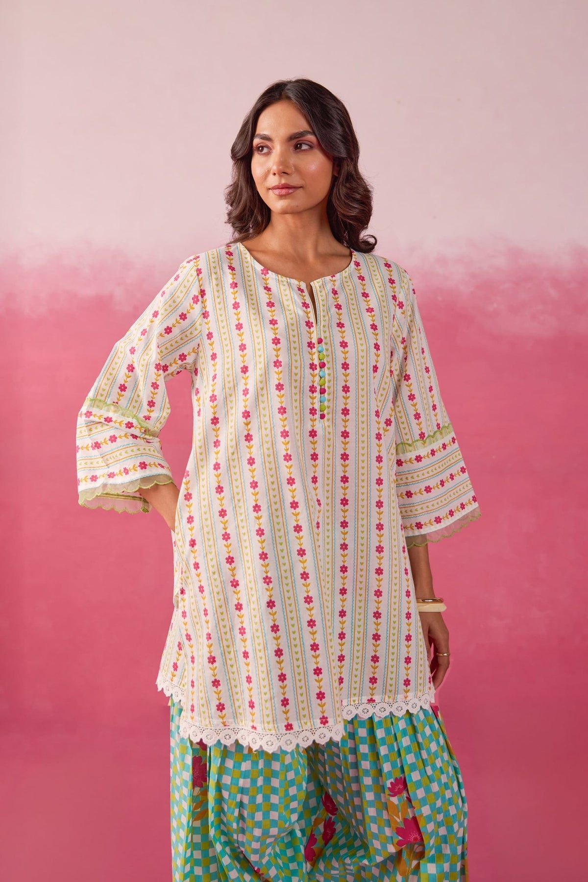 Aqua Green Botanical Stripe Scalloped Co - ord Set - Tara - C - Tara