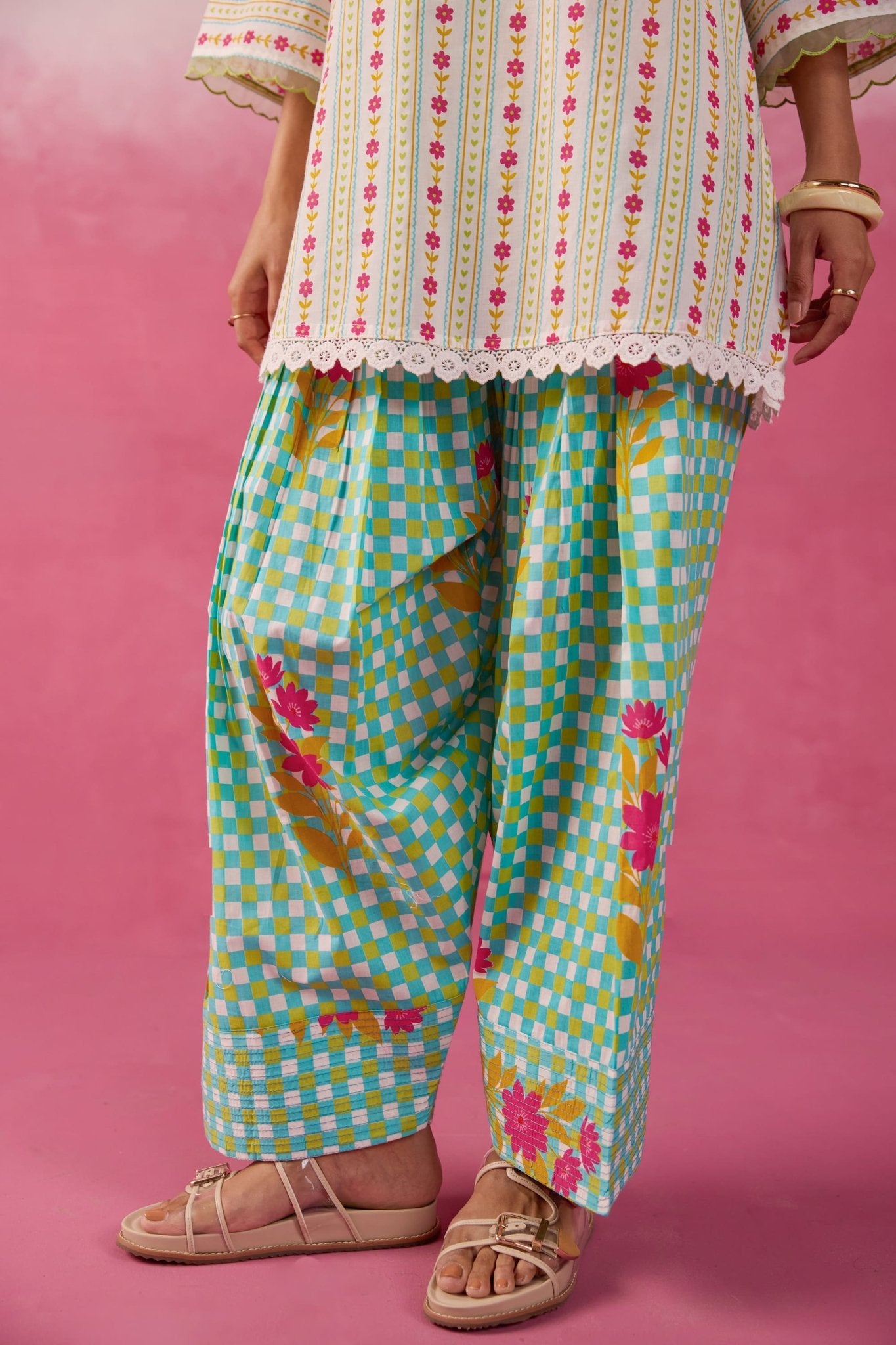Aqua Green Botanical Stripe Scalloped Co - ord Set - Tara - C - Tara