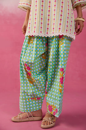 Aqua Green Botanical Stripe Scalloped Co - ord Set - Tara - C - Tara