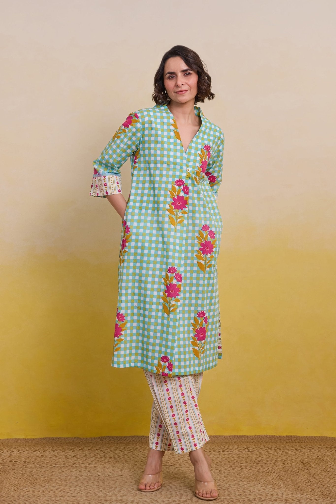 Aqua Meadow Gingham Printed Co - ord Set - Tara - C - Tara