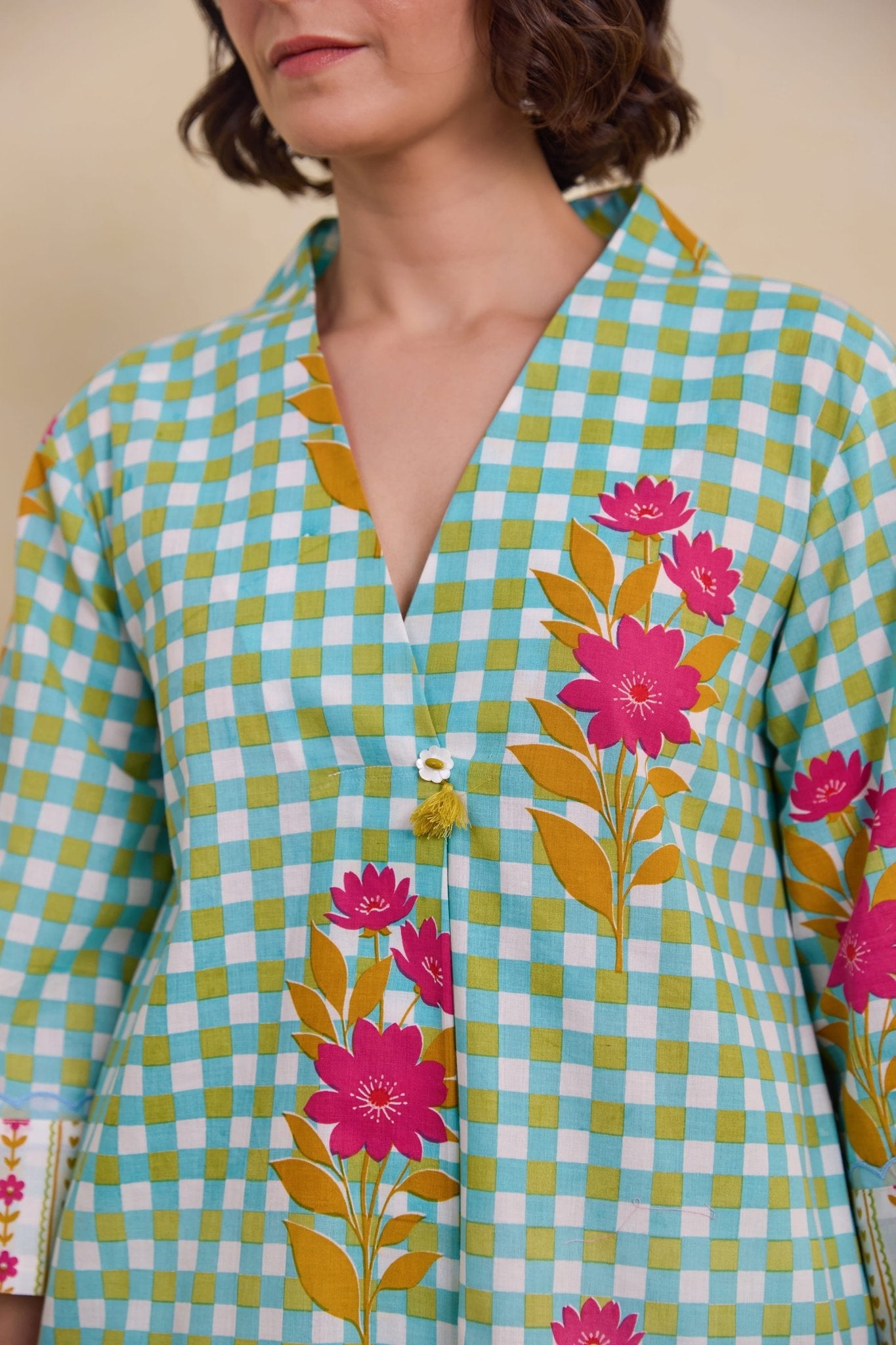 Aqua Meadow Gingham Printed Co - ord Set - Tara - C - Tara