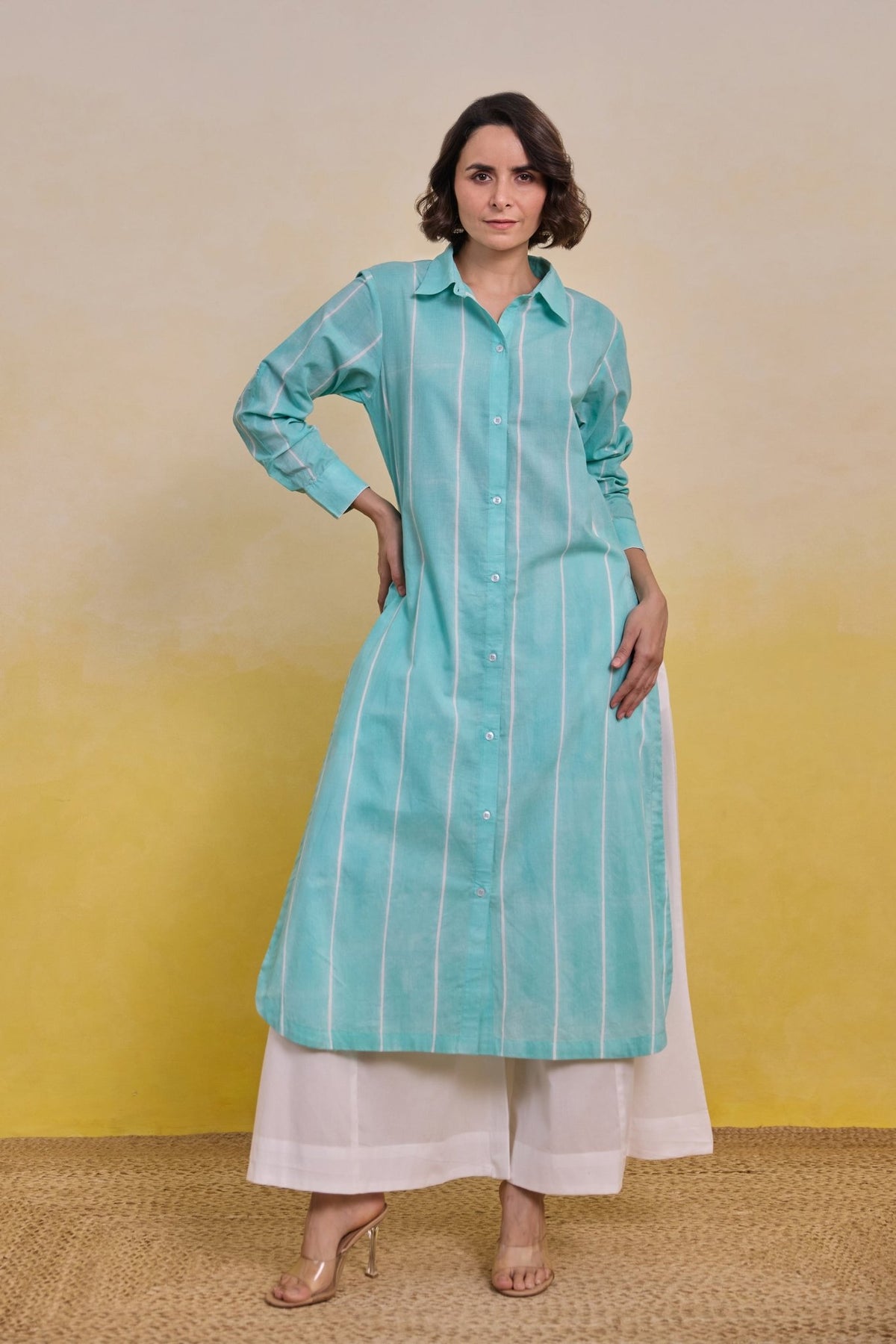 Aqua Striped Shirt Kurta with White Palazzo Co - ord Set - Tara - C - Tara