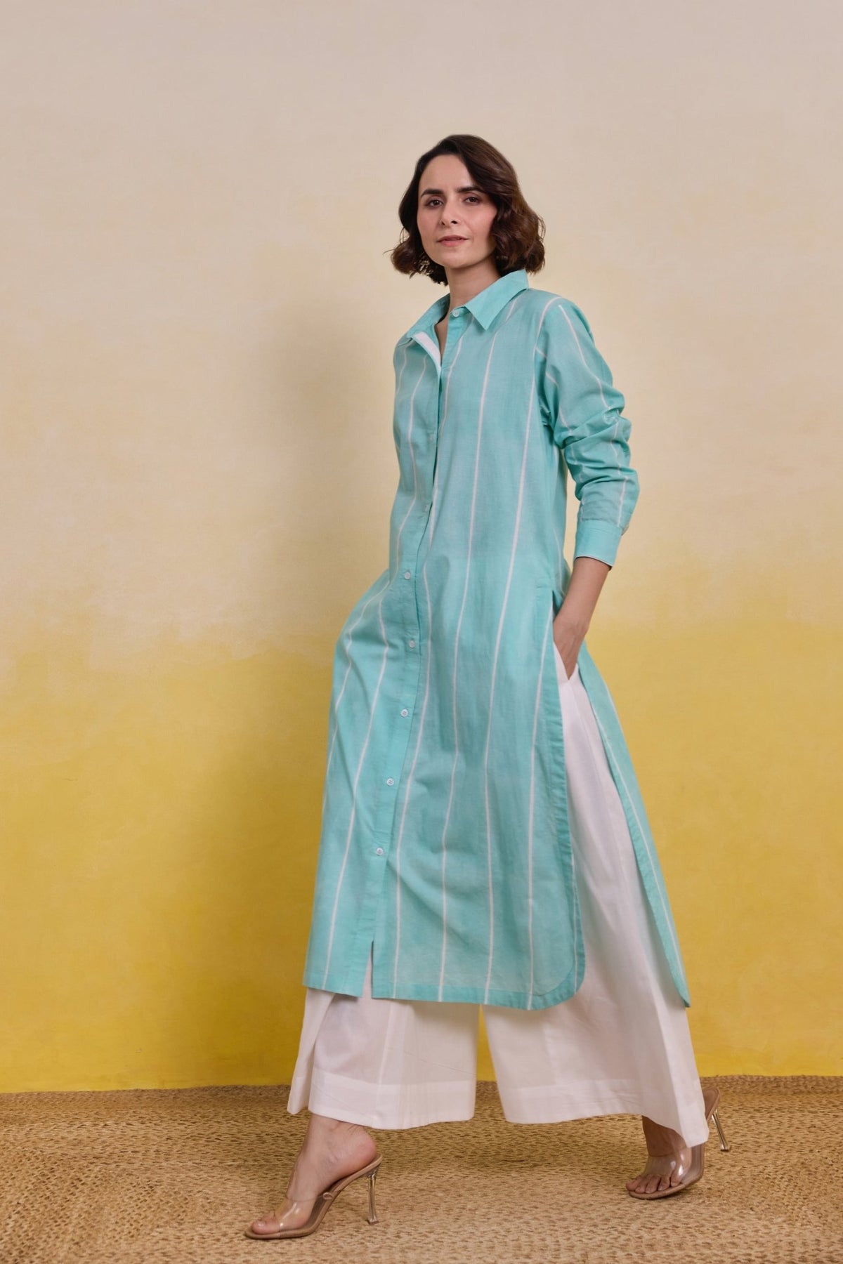 Aqua Striped Shirt Kurta with White Palazzo Co - ord Set - Tara - C - Tara