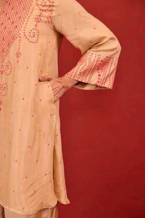 Beige Bandhani Print Embroidered Art Silk Co-ord Set - Tara-C-Tara